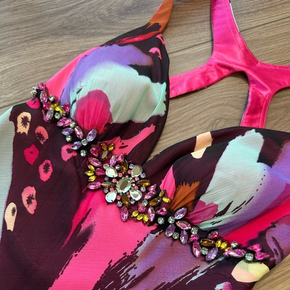 Pink Purple Colorful Abstract Embellished Gown Maxi Prom Dress - Picture 10 of 16